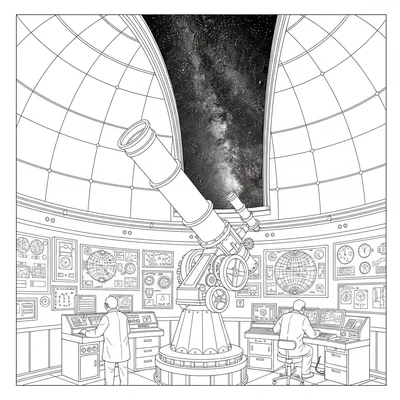 A observatory interior at night with a large telescope pointed through the open coloring page