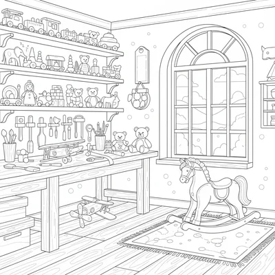 An old-fashioned toy workshop interior with shelves of finished wooden toys coloring page