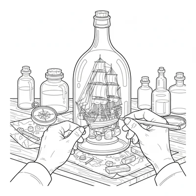 An old sailing ship in a bottle being assembled, a craftsman's large hands coloring page