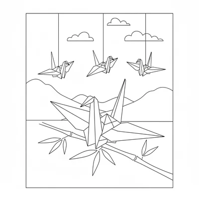 A simple origami paper crane perched on a bamboo twig, its geometric folded coloring page