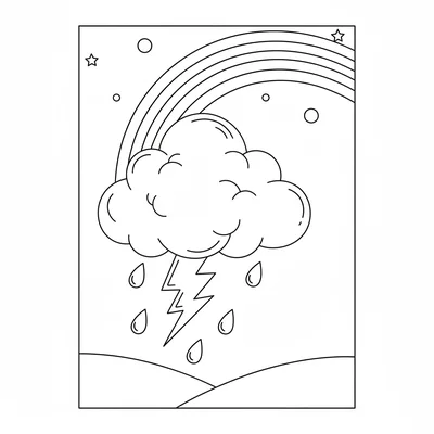 A simple outdoor scene showing a large fluffy cloud with a lightning bolt below coloring page