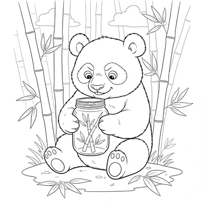 A panda sitting in a bamboo forest trying to open a jar of bamboo shoots coloring page