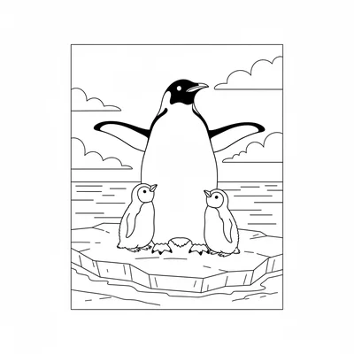 A simple penguin family, a tall parent and two small chicks, standing on an ice coloring page