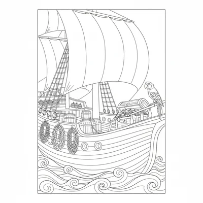 A pirate ship deck mid-voyage with a mast and large sail in the background coloring page