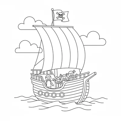 A pirate ship sailing on a simple ocean, its tall striped sail up coloring page