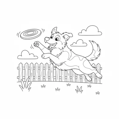 A playful dog catching a round frisbee in mid-air, its body stretched forward coloring page