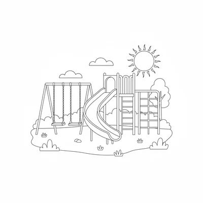 A playground with a slide, two swings, and a climbing frame set in a park coloring page
