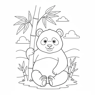 A plump panda sitting beside a tall bamboo stalk, one arm resting on the stalk coloring page