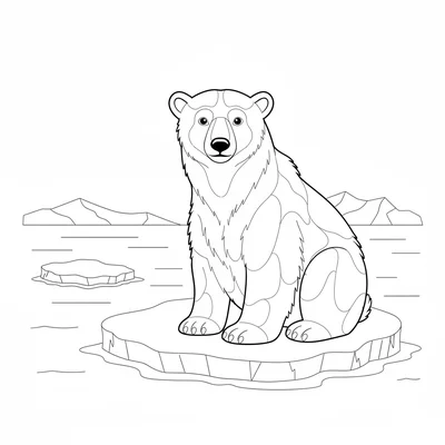 A polar bear sitting on a simple ice floe in an arctic sea, its large white coloring page