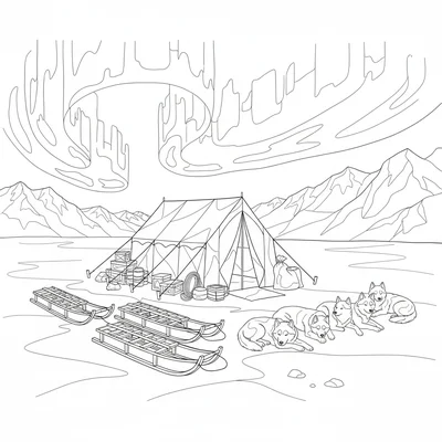 A polar explorer camp on an ice sheet with a colorful expedition tent, supplies coloring page