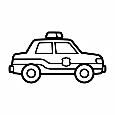 A simple police car facing the viewer from the side, its wide rectangular sedan coloring page