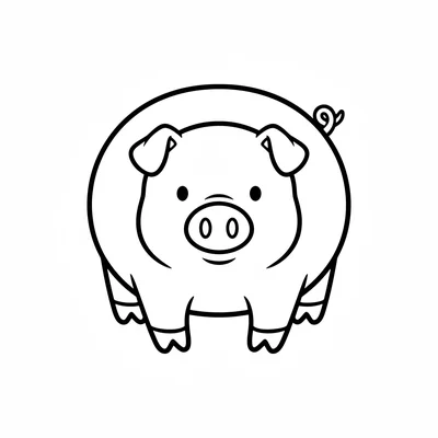 A pudgy pig facing forward, its round pink body low to the ground, four short coloring page
