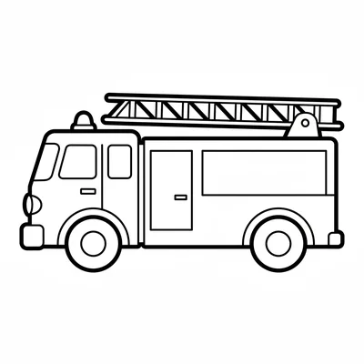 A simple red fire truck facing the viewer from the side, its long rectangular coloring page