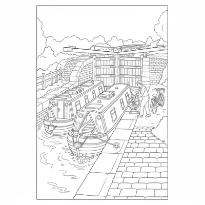A river lock with two boats waiting to rise as the lock coloring page