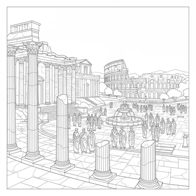A Roman forum scene in its ancient glory with marble columns, a temple front coloring page
