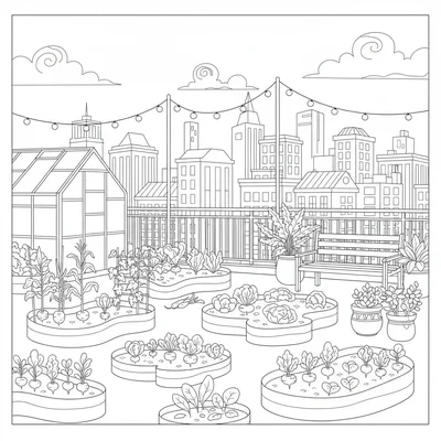 A rooftop garden in a city, raised garden beds with different vegetables coloring page
