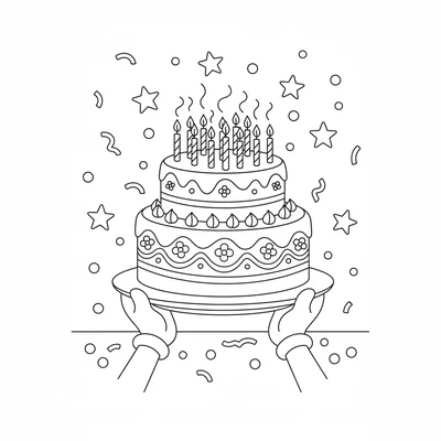 A round birthday cake being carried by two cartoon hands on a simple plate coloring page