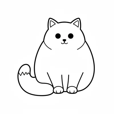 A round fluffy cat sitting upright facing forward, its body a large oval coloring page