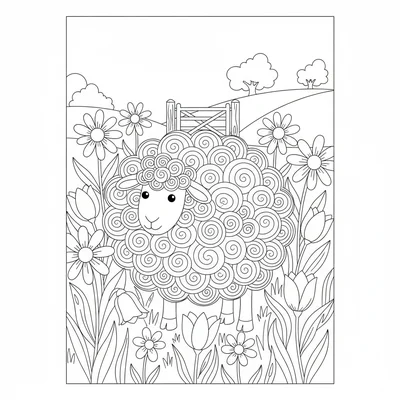A round fluffy sheep standing in a field of wildflowers, its enormous woolly coloring page