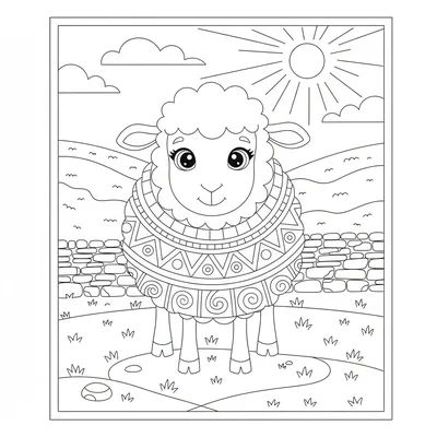 A round fluffy sheep with a colorful knit sweater pattern visible on its body coloring page
