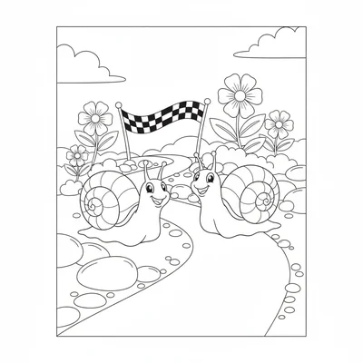 A round friendly snail racing another round snail on a garden path, both coloring page