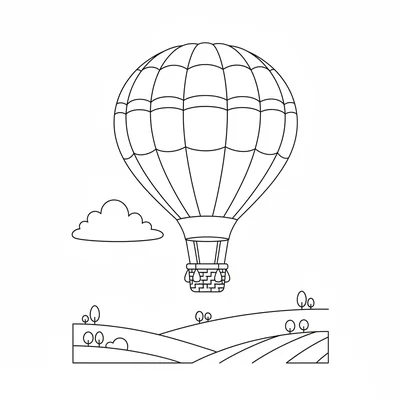 A round hot air balloon floating above a simple landscape, its wide striped coloring page