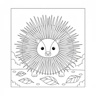 A round porcupine facing the viewer with dozens of quill tips radiating coloring page