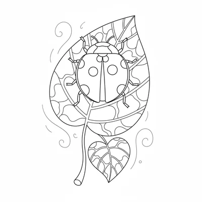 A round red ladybug walking along the top of a thick green leaf, its spotted coloring page