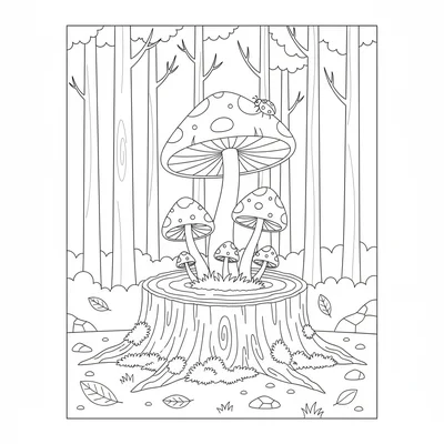 A round tree stump in a forest clearing with a family of mushrooms growing coloring page