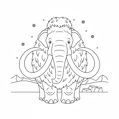A round woolly mammoth facing forward, its enormous curving tusks sweeping coloring page