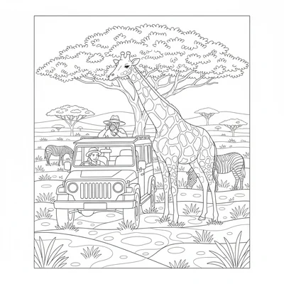 A safari jeep scene with a spotted giraffe towering beside the vehicle, zebras coloring page