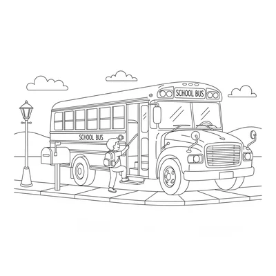 A school bus stopping at a bus stop with its door folded open and a small child coloring page