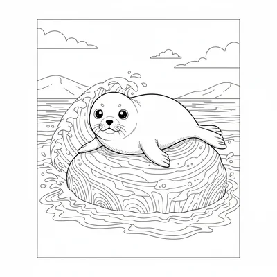 A seal pup resting on a large round rock at the ocean's edge, its smooth plump coloring page