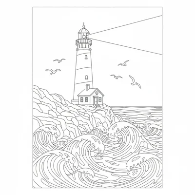 A seaside lighthouse scene at dusk, the tall striped lighthouse tower coloring page