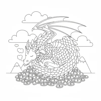 A sleeping dragon curled in a tight circle with its head resting on the tip coloring page