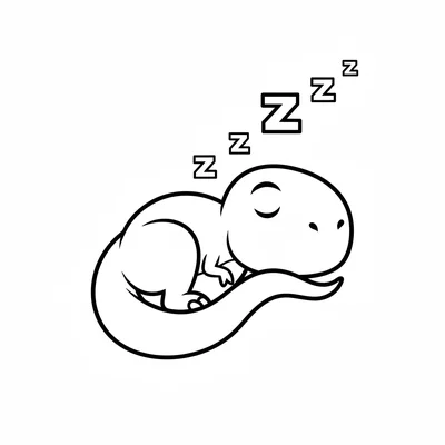 A sleeping T-Rex curled up on its side, its large round head resting on its thi… coloring page