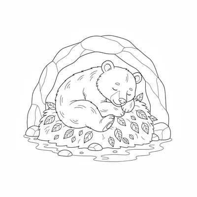 A sleepy bear cub curled up in a cozy den, its round body tucked into a tight coloring page