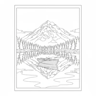 A small mountain lake reflecting a snow-capped peak above it perfectly coloring page