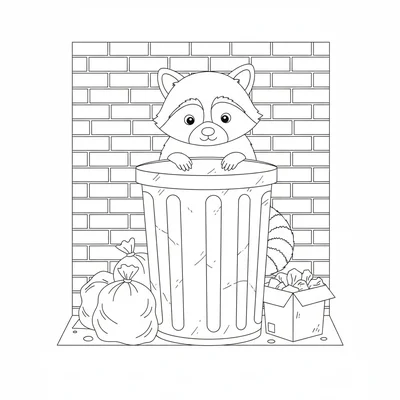 A small raccoon peeking over the edge of a large round garbage can, both paws coloring page