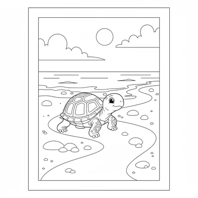 A small turtle walking along a sandy beach path, its dome shell pattern visible coloring page