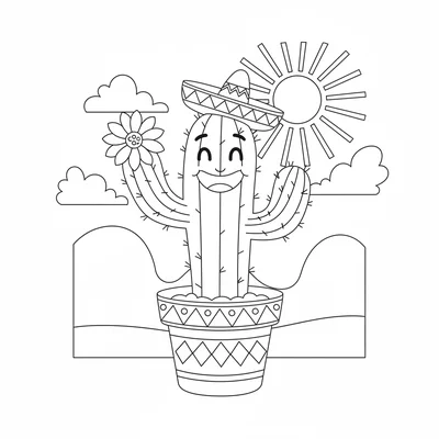 A smiling cactus in a terracotta pot wearing a small sombrero, its two arms coloring page