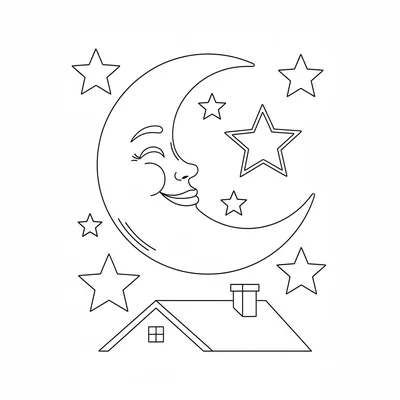 A smiling crescent moon face in a night sky, its curved body large and soft coloring page