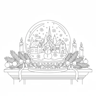 A snow globe on a mantle shelf showing a miniature winter village inside coloring page