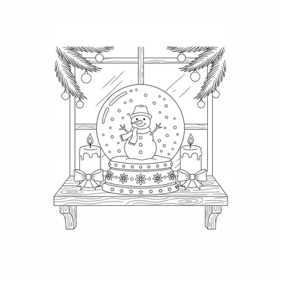 A simple snow globe on a wooden shelf with a tiny snowman inside, snow swirling coloring page
