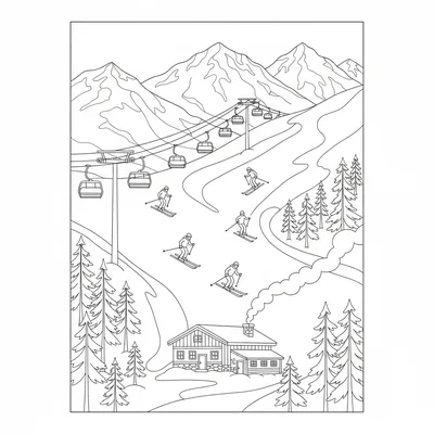 A snowy mountain ski slope scene with several skiers on the piste at different coloring page