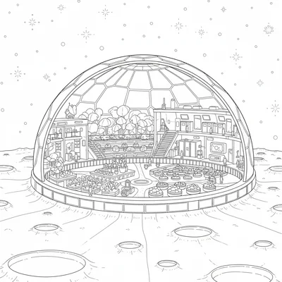 A space colony habitat dome on a barren moon surface, the dome interior visible coloring page