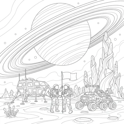 A space exploration scene on the surface of a strange coloring page