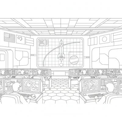 A space mission control room with rows of computer workstations and screens coloring page