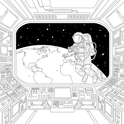 A space station observation deck looking out through a large curved window coloring page