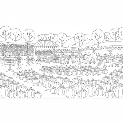 A sprawling pumpkin patch market with rows of pumpkins in varied sizes, a farm coloring page